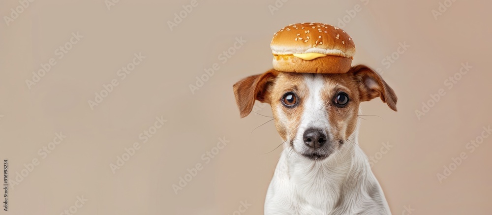 Aufkleber adorable jack russell terrier pup humorously posing with a toy burger on its head against a beige ba