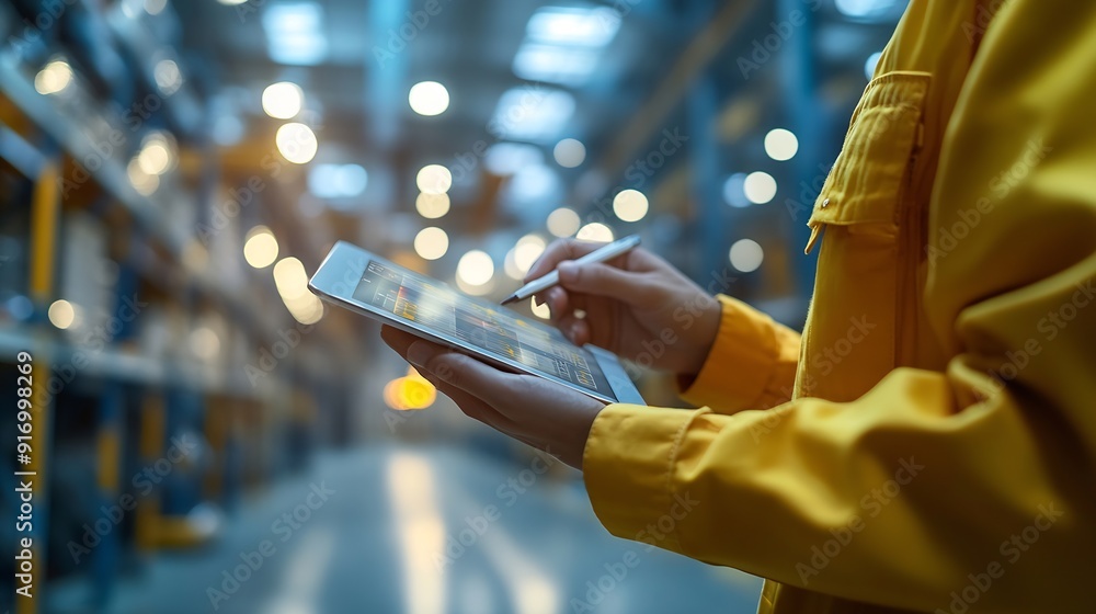 Leinwandbilder Panoramic close up hand of smart engineer warehouse management systemWorker hands using digital tablet with pen for control on blurred warehouse as background logistic Import export co : Generative AI