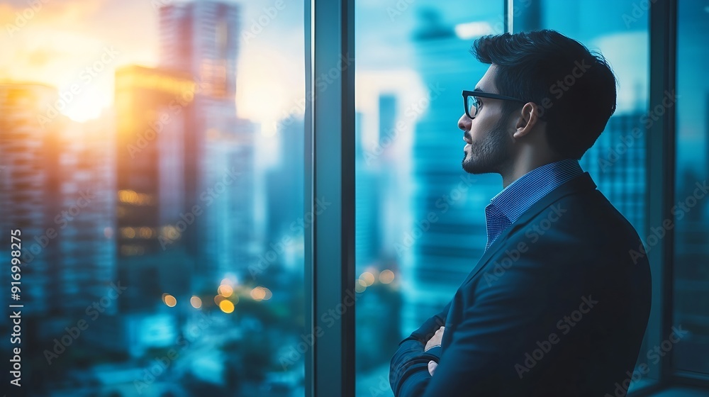 Aufkleber Thinking corporate and back of businessman by window for ideas solution and insight for company growth Professional office and person for problem solving brainstorming decision and ref : Generative AI