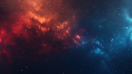 Naklejka premium A celestial vista, fiery reds and cool blues blending in nebulae, speckled with glowing stars, deep black space backdrop