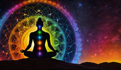 Person in a yoga pose, seven glowing chakras aligned on their body. Vibrant energy patterns swirl around, set against a vast, tranquil universe backdrop, symbolizing balance, energy, and inner peace.