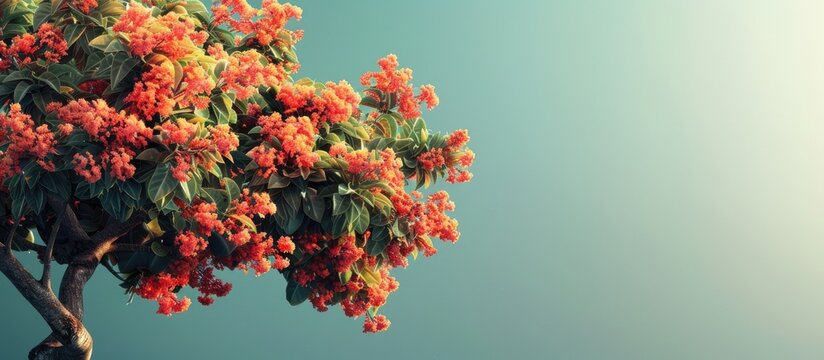 A tree blossoming with vibrant flowers and lush green leaves against a blank background perfect for a copy space image