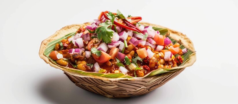 A close up image of Papri Chaat decorated with chili onions tomato sauce spices placed in a disposable leaf bowl isolated on a white background with copy space Indian street food displayed beautifully