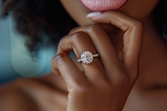 Woman's finger wearing a diamond ring. Jewelry store advertising concept. Woman's hand wearing an engagement ring