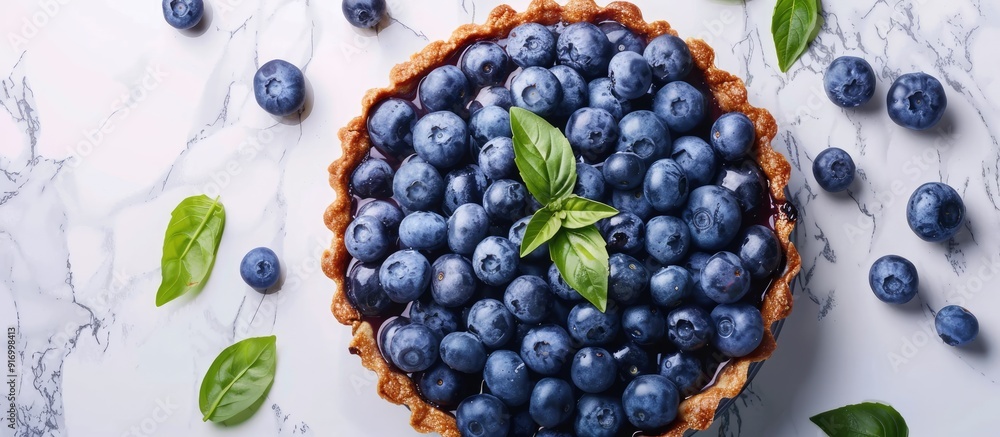 Poster top view of a delicious homemade blueberry and basil tart on a white marble surface with room for yo