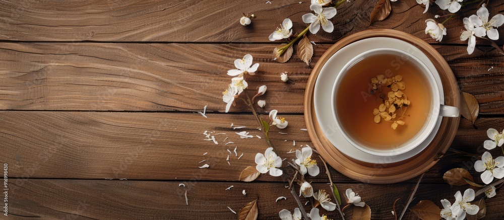 Poster top view wooden table with a cup of fragrant jasmine tea surrounded by flowers and dry leaves ideal 
