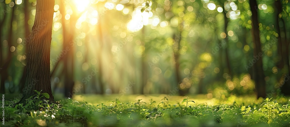 Poster blurred background of a sunny green forest with copy space image
