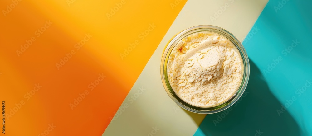 Poster top view of a jar with protein powder on a colorful background creating a sports nutrition concept w