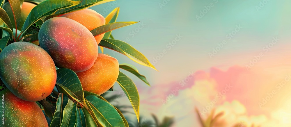 Poster young mango along with ripe mangoes all adorned with leaves set against a serene sky in the backgrou