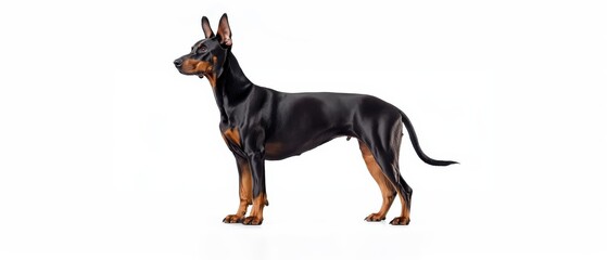 A sleek black and tan dog standing in profile against a white background.