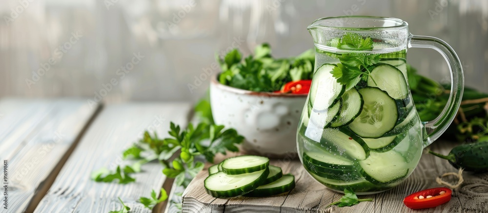 Poster close up of a jug with invigorating cucumber water assorted vegetables on light wooden surface with 