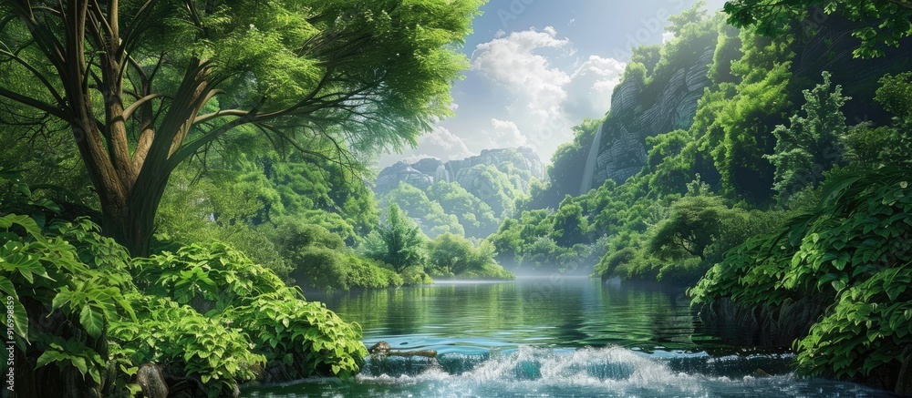 Wall mural scenic summer landscape with lush greenery a river and a vast panoramic view perfect for a backgroun