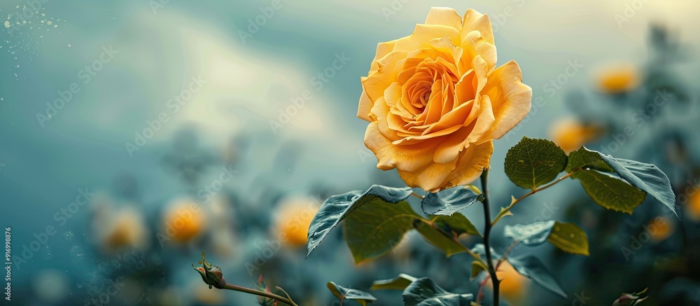 Wall mural A single yellow tea rose blooms in the garden against a cloudy sky set on a green backdrop in a horizontal outdoor close up shot with copy space image