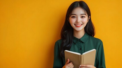 Obraz premium Smiling pretty cheerful young woman of Asian ethnicity 20s wear basic green satin shirt stand reading holding in hands book showing thumb up isolated on bright yellow colour background : Generative AI