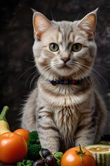 Tabby kitten eating food from white bowl on wooden floor. Baby cat eat junior food. Portrait of kitten while eating ai generate