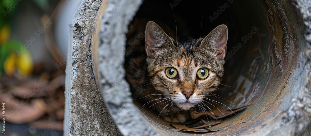 Poster a curious cat emerging from a cement pipe in a captivating copy space image