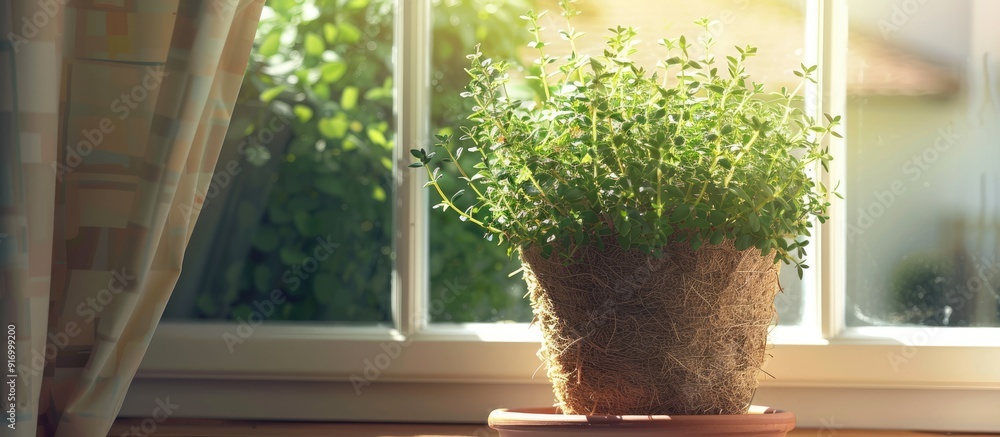 Aufkleber thyme is thriving in a peat pot on a windowsill with ample room for text in the image