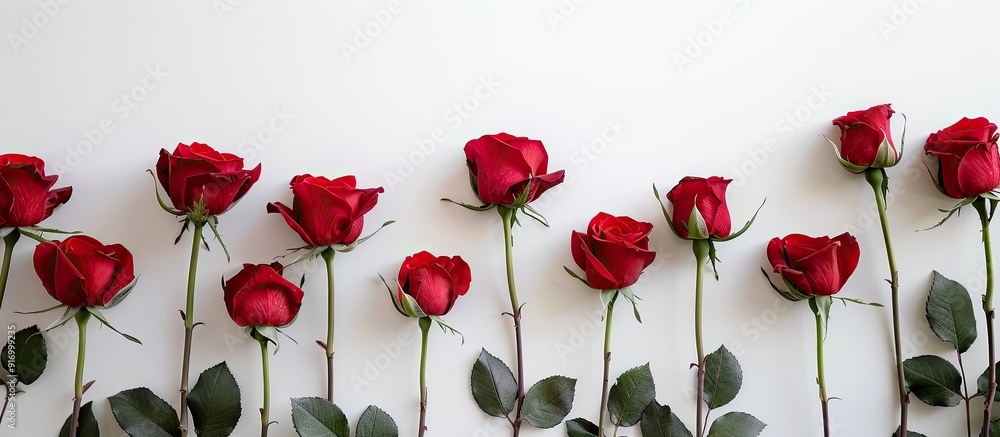 Aufkleber top view of vibrant red roses on a white backdrop presenting a copy space image for text placement