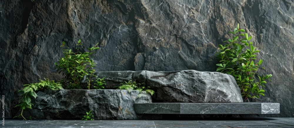 Aufkleber background featuring a podium crafted from authentic stones with copy space image