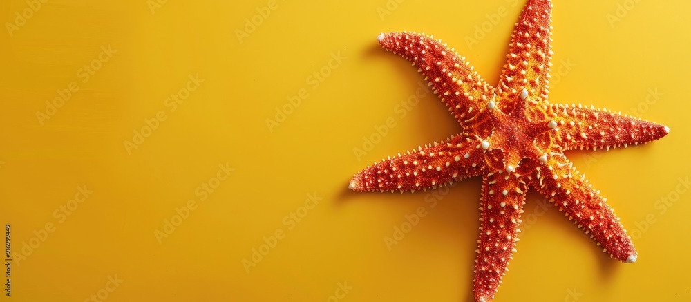 Poster caribbean starfish placed on a bright yellow background with copy space for text viewed from the top