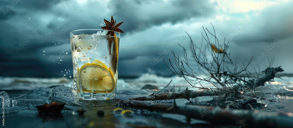 Poster gin and tonic drink garnished with lemon cinnamon anise and juniper berries set against rustic eleme