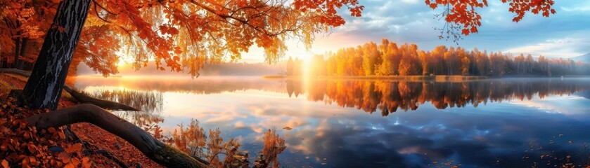 Fototapeta premium Autumn landscape, vibrant colors, serene environment, wide shot, inviting