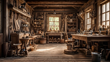 A rural homestead with a modest woodworking studio and handmade furniture