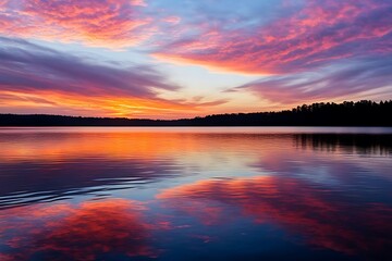 "A soothing sunset over a calm lake, where the water’s surface is a perfect mirror, reflecting the vibrant colors of the sky. The stillness is only broken by the occasional ripple