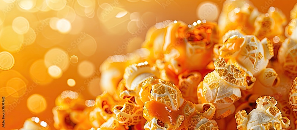 Poster cheese and caramel popcorn a delectable snack for a movie night displayed on a background fitting th