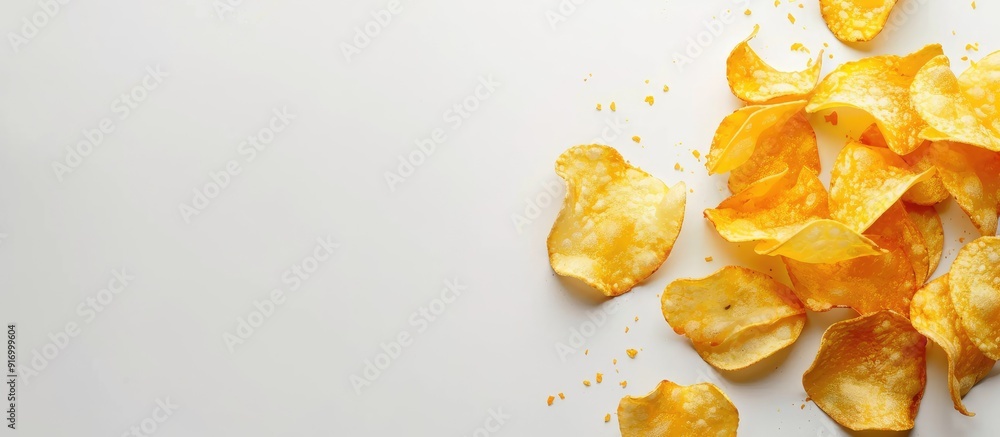 Poster Potato chips displayed on a white backdrop with empty space for adding text or images. . image with copy space