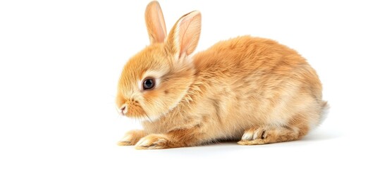 Obraz premium Adorable 8 week old brown baby European rabbit sitting and gazing sideways isolated on white with copy space image