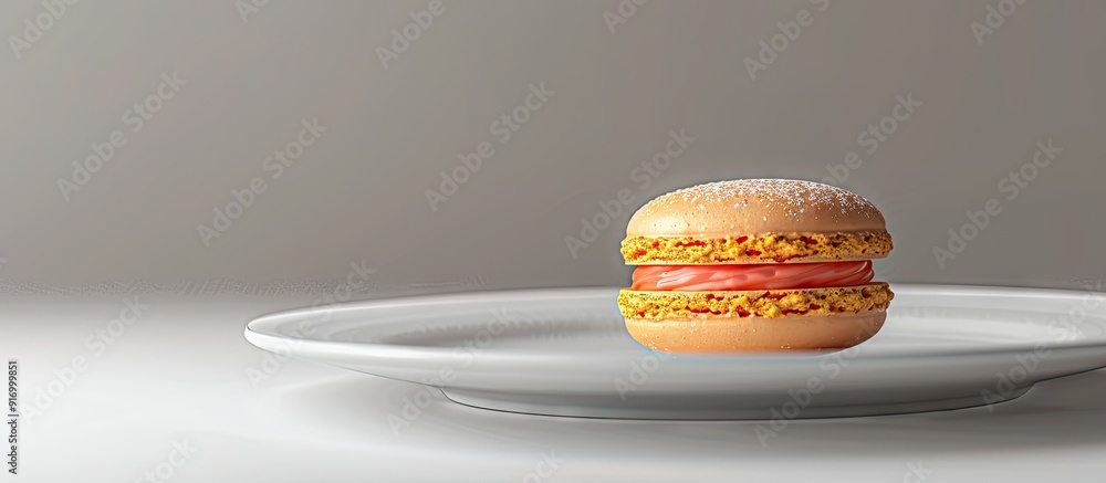 Poster Close up view of a macaroon on a white plate with copy space image available