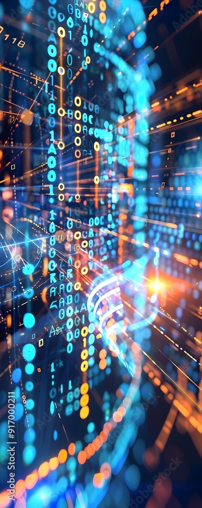 Poster abstract digital technology background with binary code and light streaks.