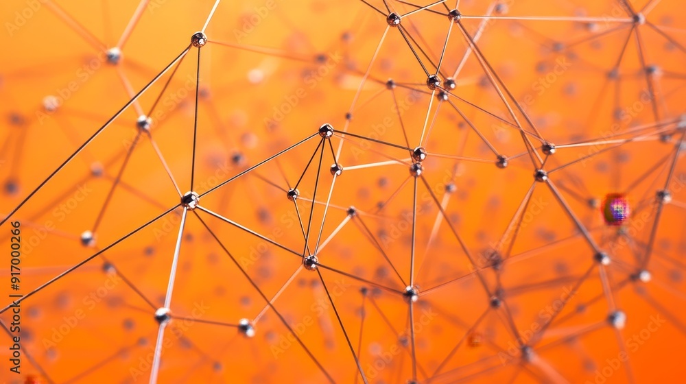 Aufkleber abstract network of connected lines and dots on a vibrant orange background.