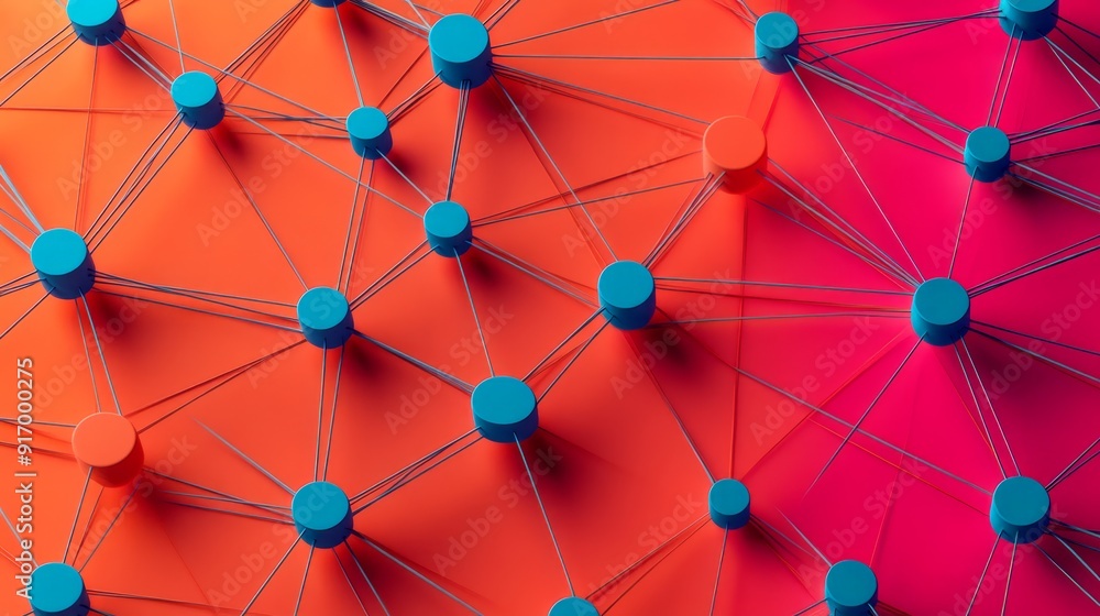 Aufkleber abstract network of connected blue dots on a gradient red background.