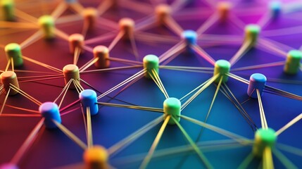 Abstract network of colorful nodes connected by lines, representing data flow, connectivity, or communication.