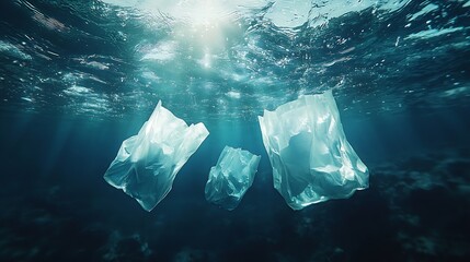 Fototapeta premium Plastic pollution in ocean plastic bags in the depths of the ocean : Generative AI
