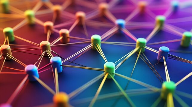 Abstract network of colorful nodes connected by lines, representing data flow, connectivity, or communication.