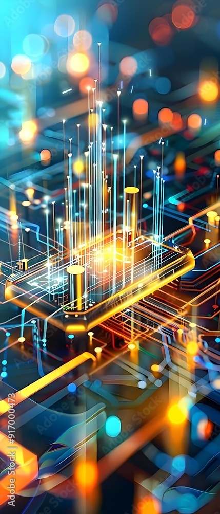 Poster abstract technology background with glowing lines and bokeh lights.
