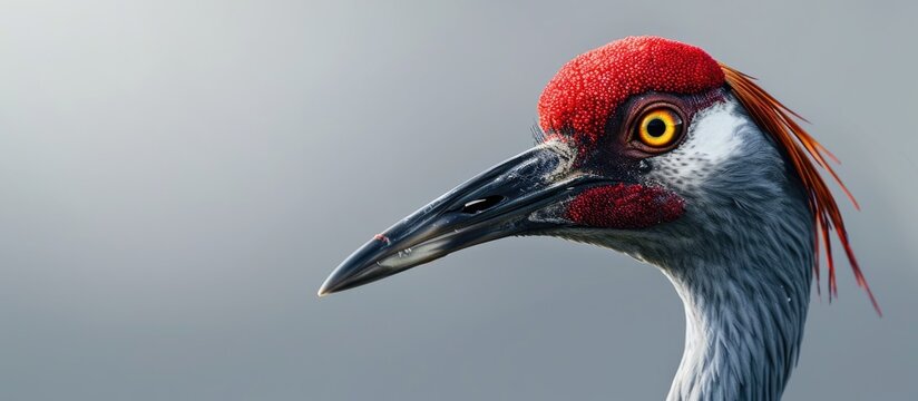 A close up view of the sarus crane s head with copy space image available