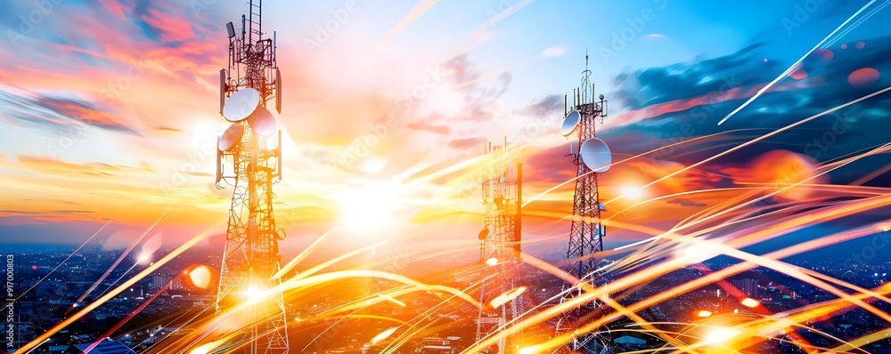 Poster Communication Towers at Sunset with Abstract Light Trails.