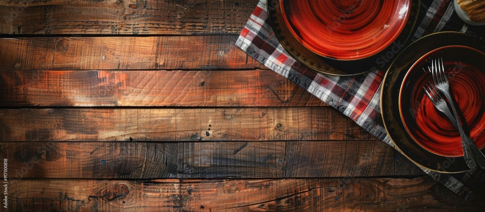 Poster top view of a wooden table with copy space image perfect for a food background