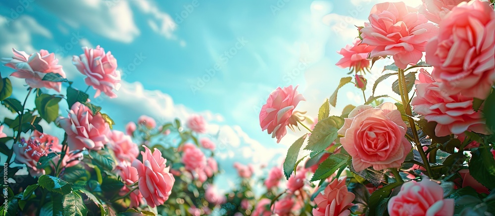 Poster beautiful roses bloom in the garden under a sunny sky creating an enchanting scene with a stunning c
