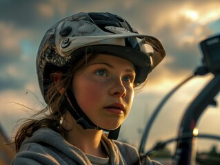 Focused Female BMX Freestyle Athlete in Dramatic Sunset