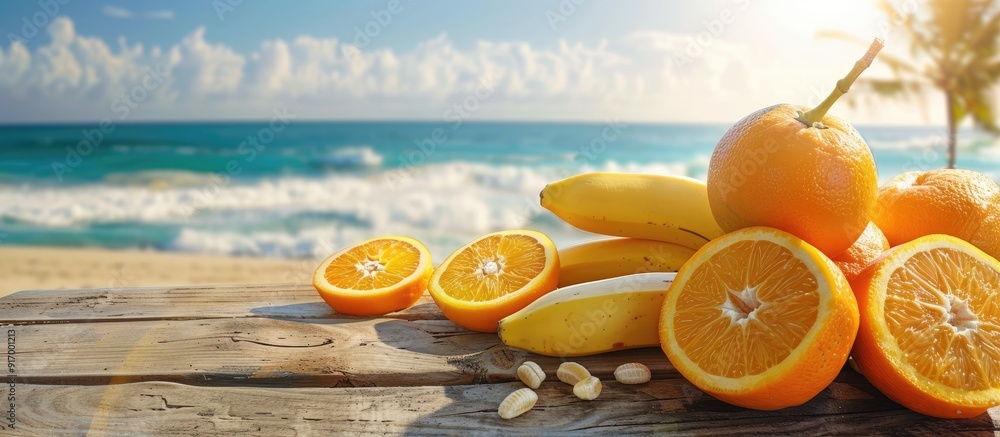 Poster fresh oranges and bananas displayed on a rustic wooden table by the beach with ample copy space for 