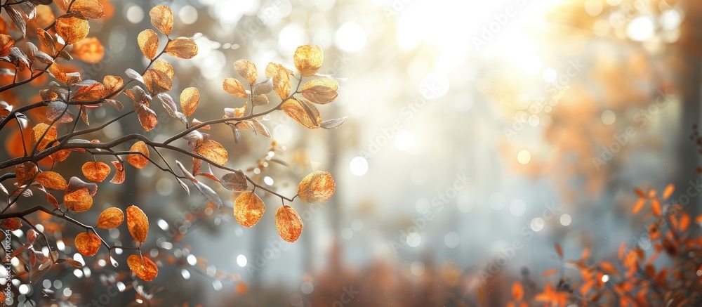 Poster autumnal foliage on a tree branch in the woods with a serene atmosphere and copy space image