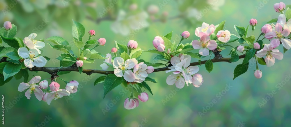 Wall mural A branch in the garden showcases numerous white pink and lilac flowers against a green backdrop blooming with copy space image