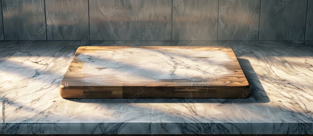 Poster a marble table with an empty cutting board providing space for adding images. copy space image. plac