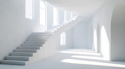 Obraz premium Modern white interior with a staircase and sunlight streaming through windows.