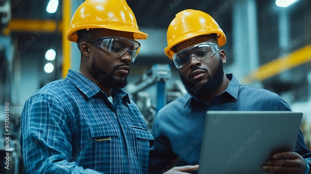 Aufkleber two professional heavy industry engineers wearing hard hats at factory walking and discussing indust
